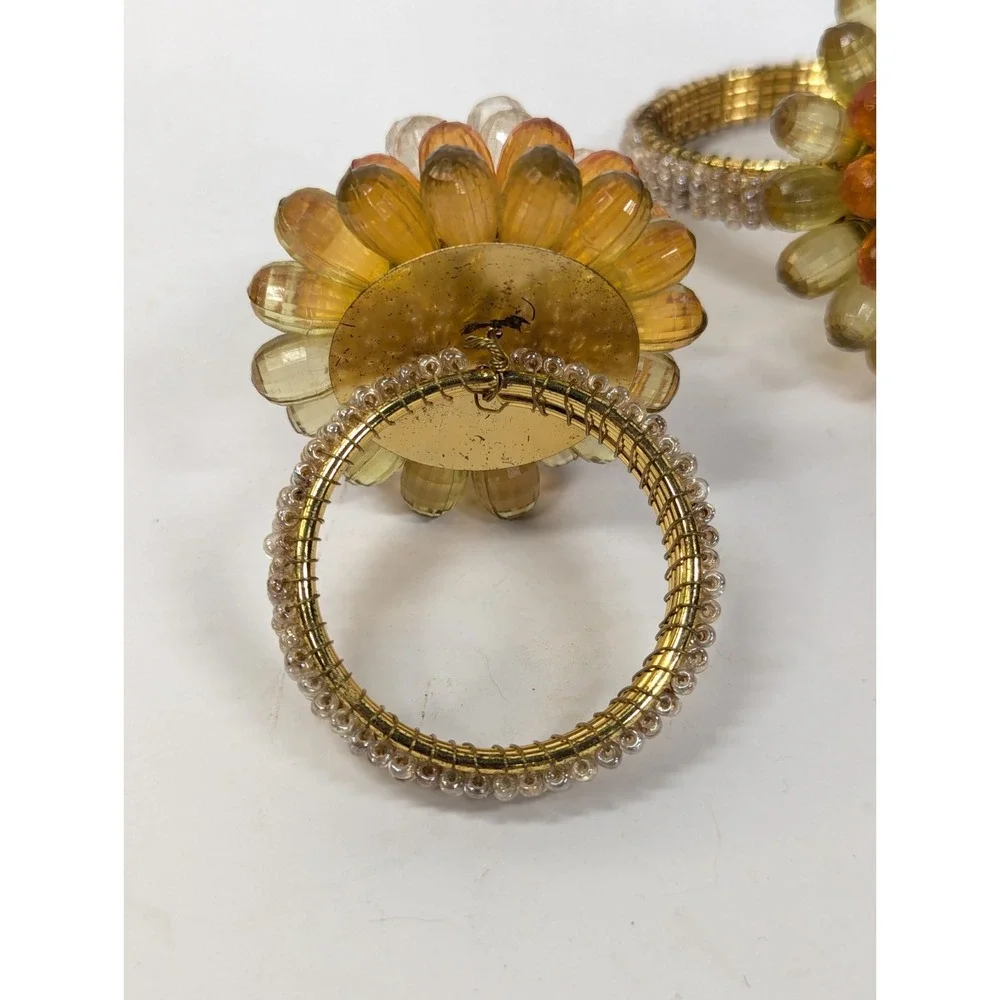 4 Vintage Mid Century Modern Vibe Orange Yellow Clear Faceted Bead‎ Napkin Rings